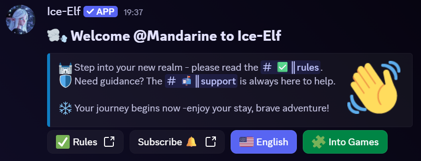 Example of Ice-Elf Discord Bot automatic designer welcome message