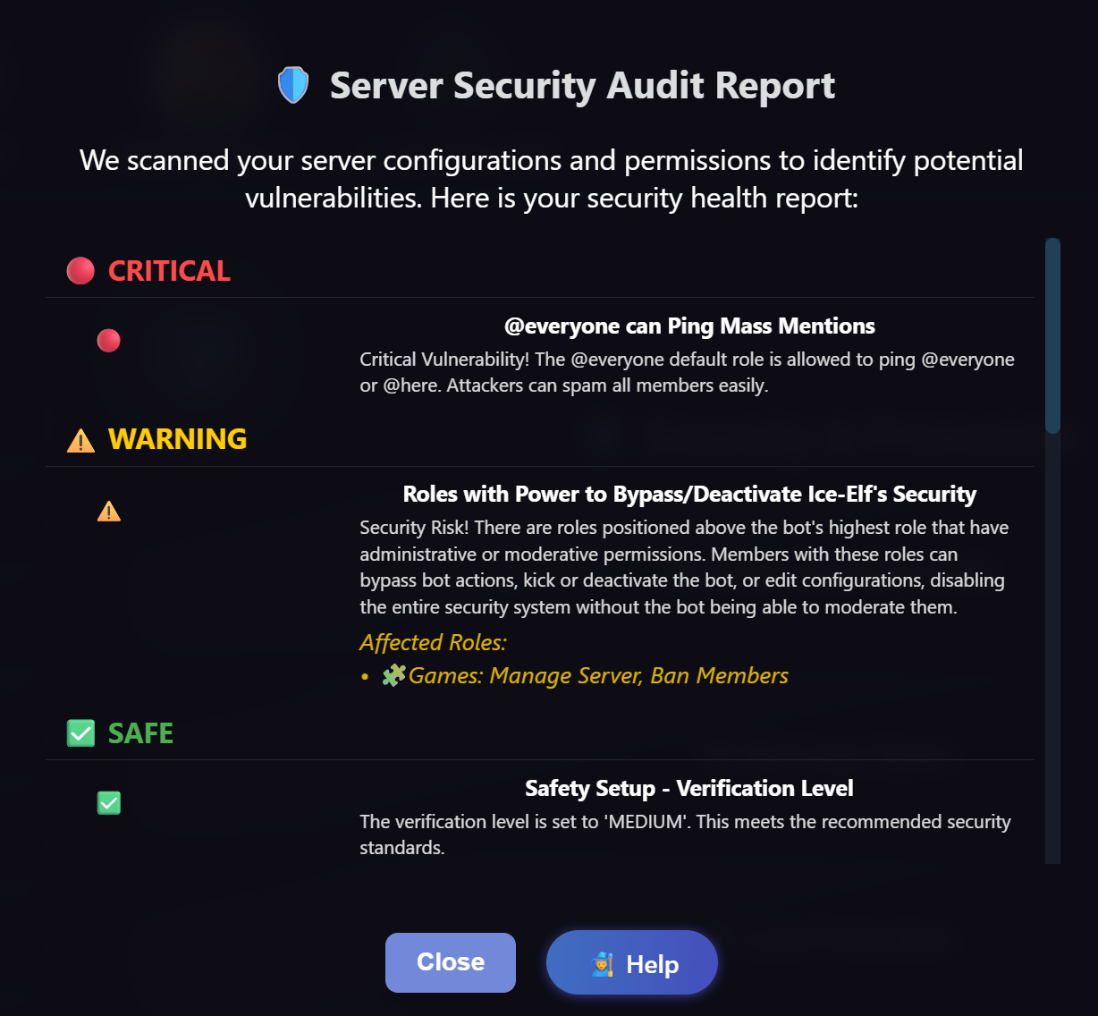Example of Ice-Elf Discord Bot server security audit report
