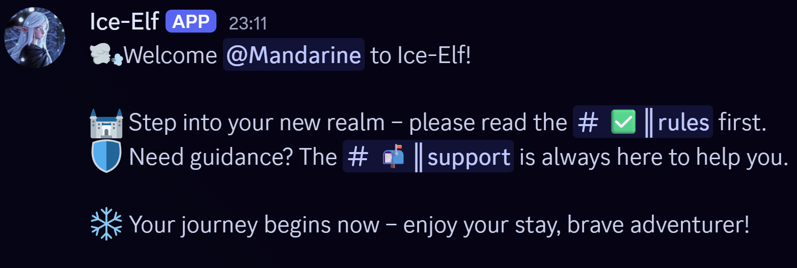 Example of Ice-Elf Discord Bot automatic welcome message